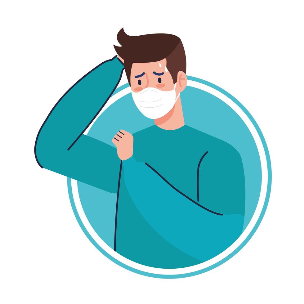 man using face mask sick of covid 19 in frame circular vector