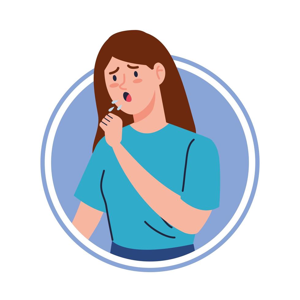 woman with cough sick of covid 19 in frame circular vector