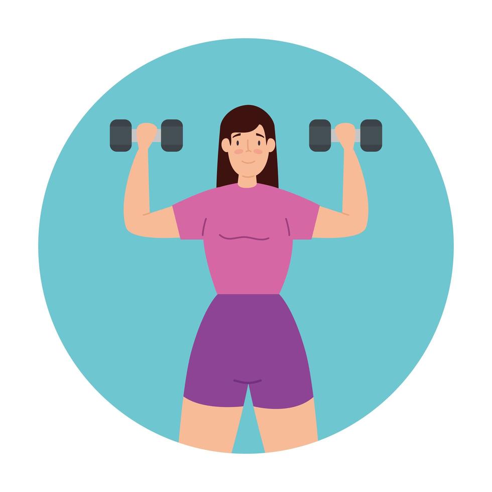 woman lifting weights in frame circular isolated icon vector