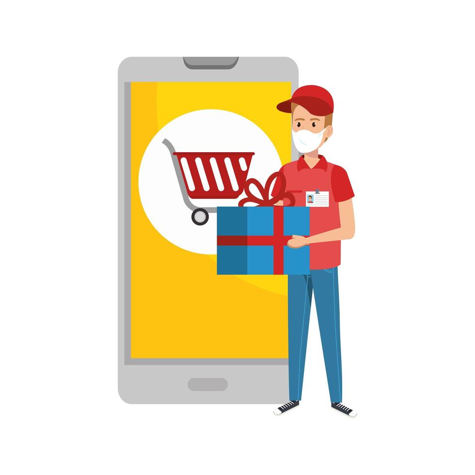 delivery worker using face mask and smartphone with shopping online app vector