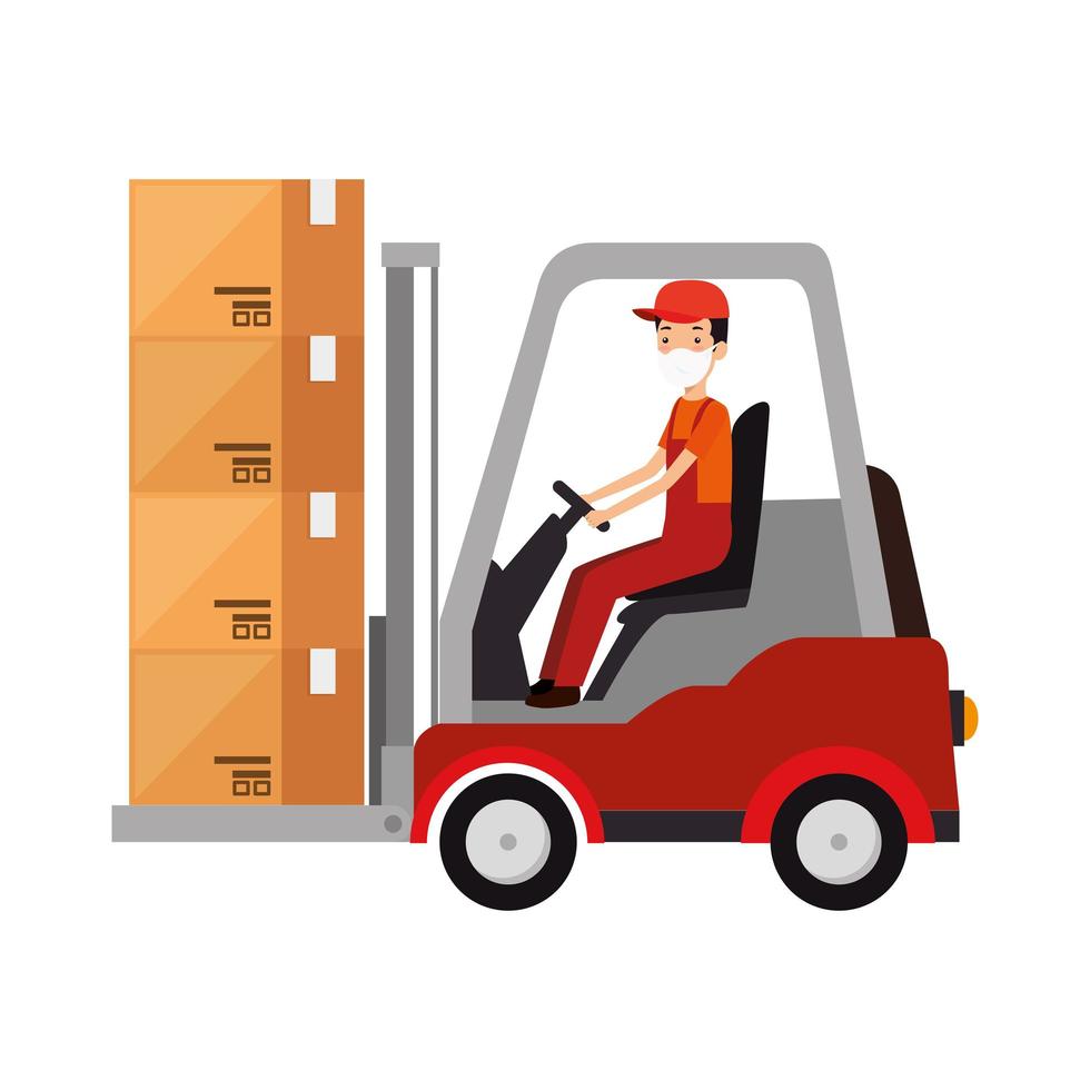 box package cargo in forklift with worker vector