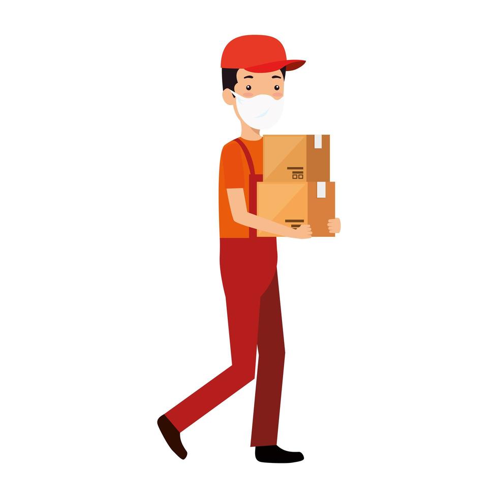 Trabajador de entrega con mascarilla con cajas de cartón vector