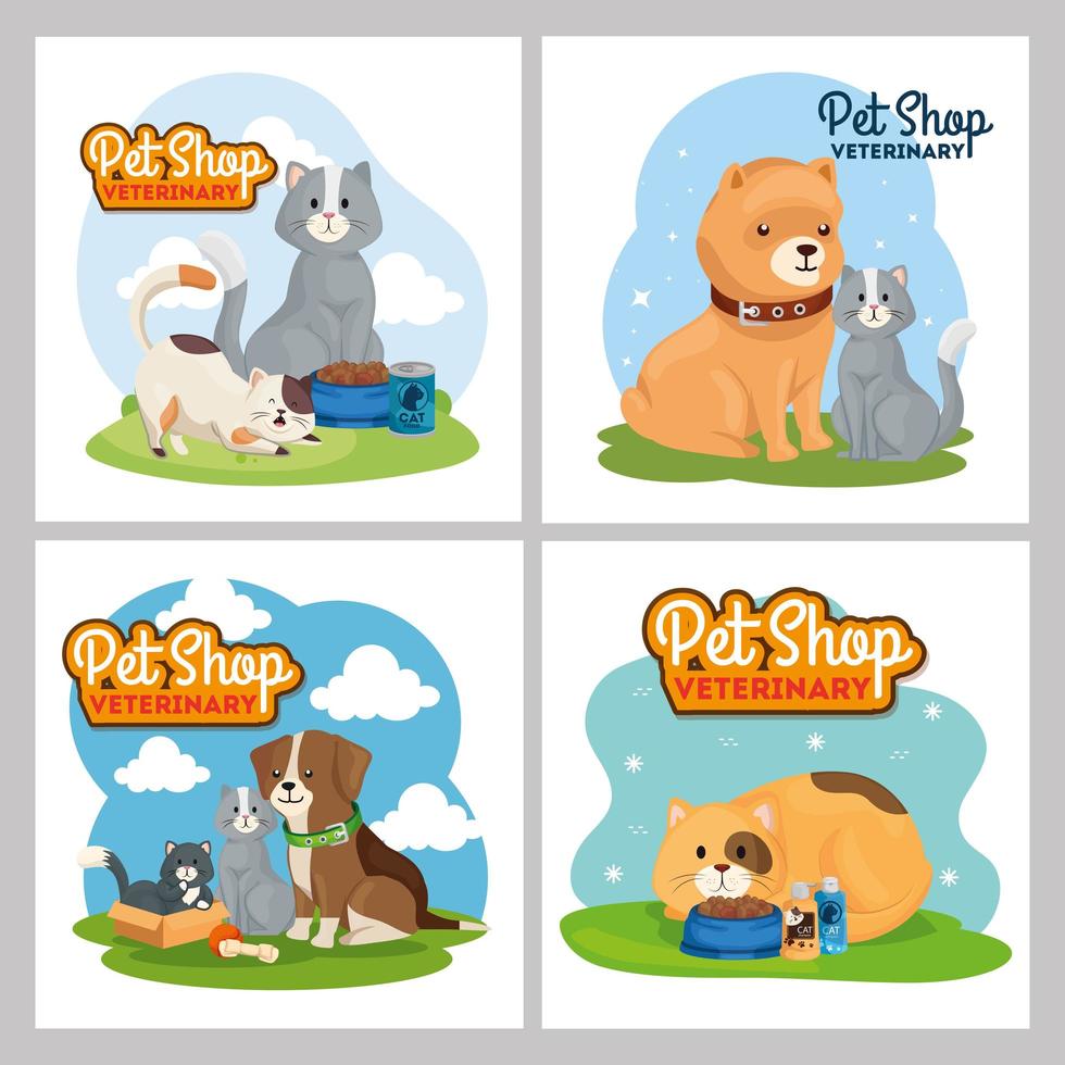 set poster of pet shop veterinary with icons vector