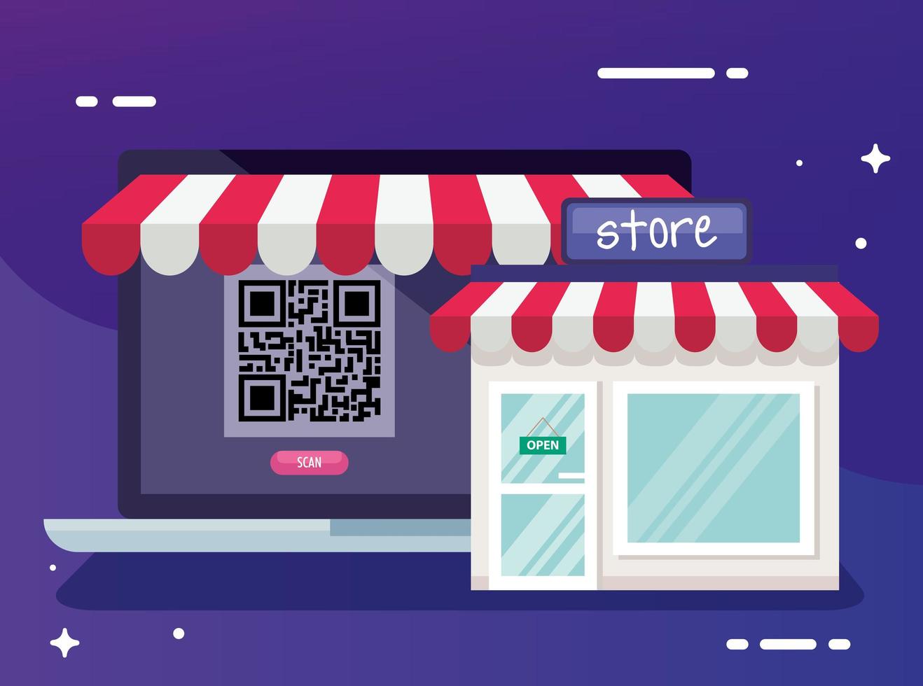qr code inside laptop and store vector design