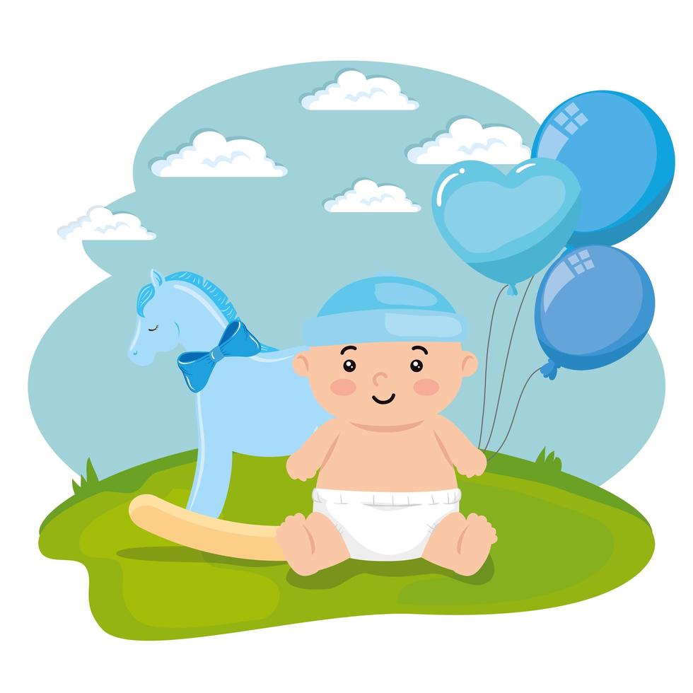 Baby Boy con caballo de juguete de madera y globos de helio. vector