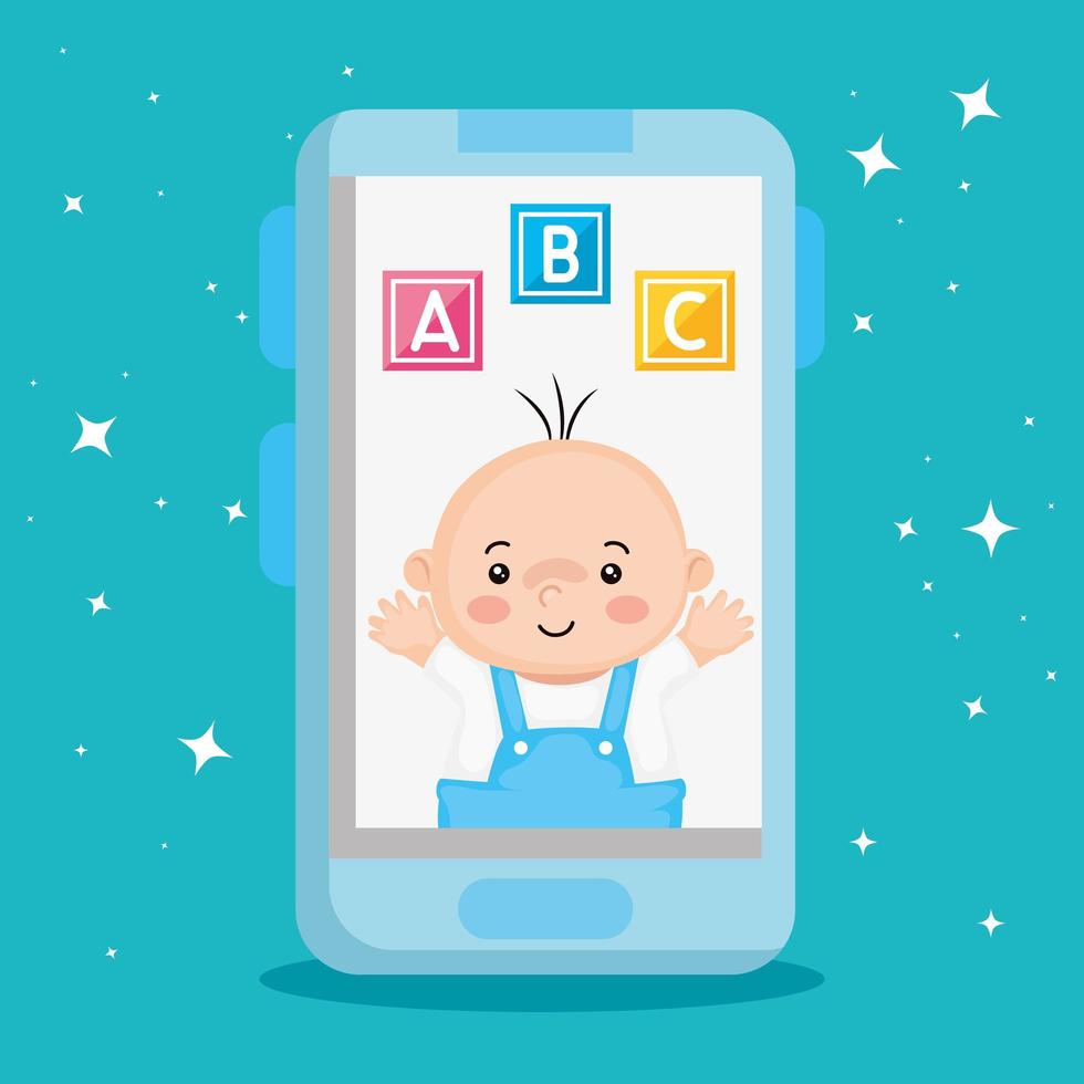 cute little baby boy with cubes toy in smartphone vector