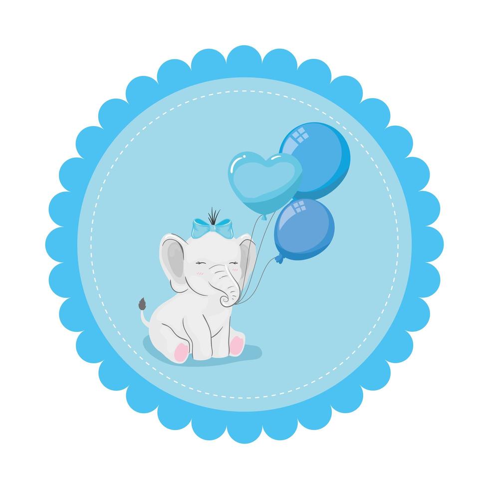 cute elephant with balloons helium in lace frame vector