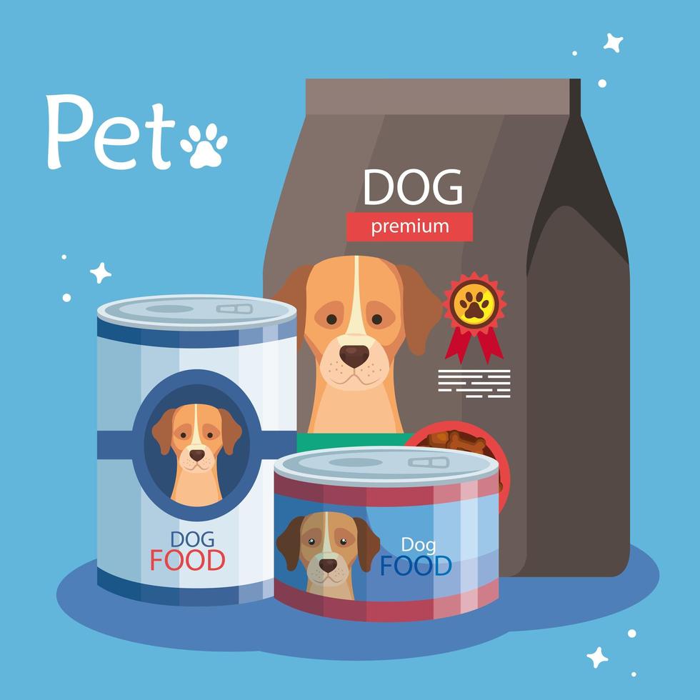 set of cans and bag of food for dog vector