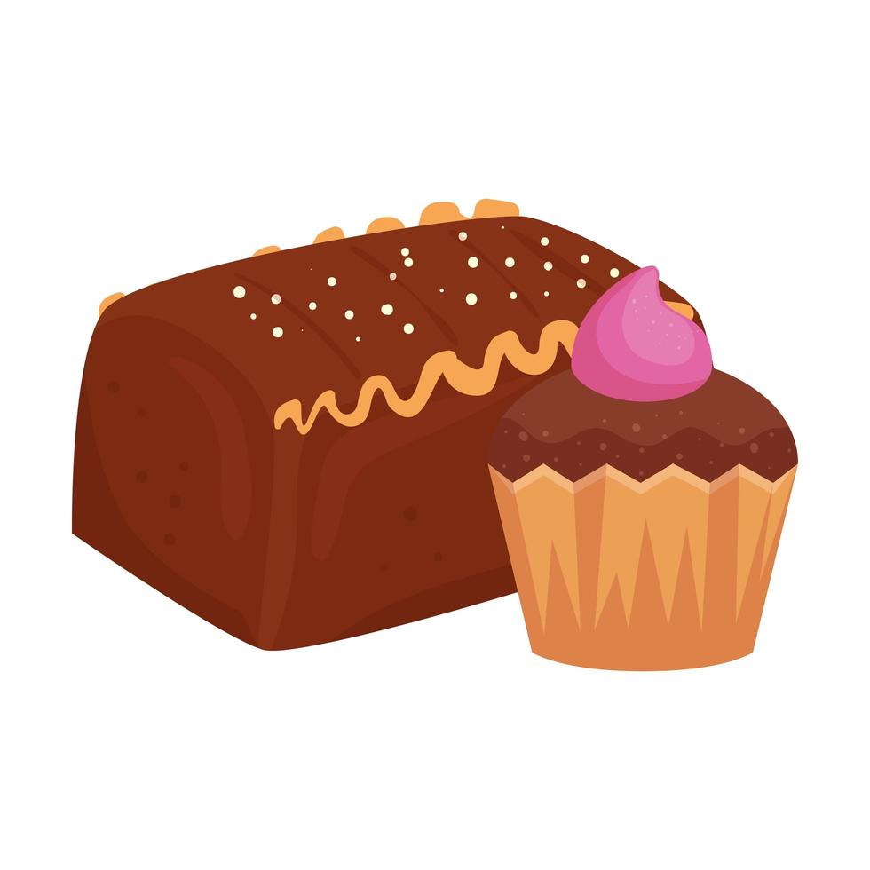 Pastel de chocolate con cupcake icono aislado vector