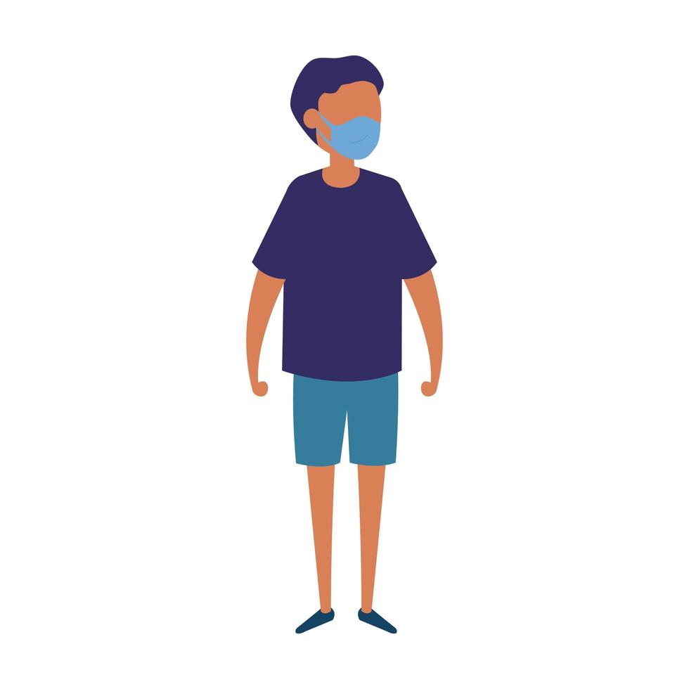 cute boy with face mask isolated icon vector
