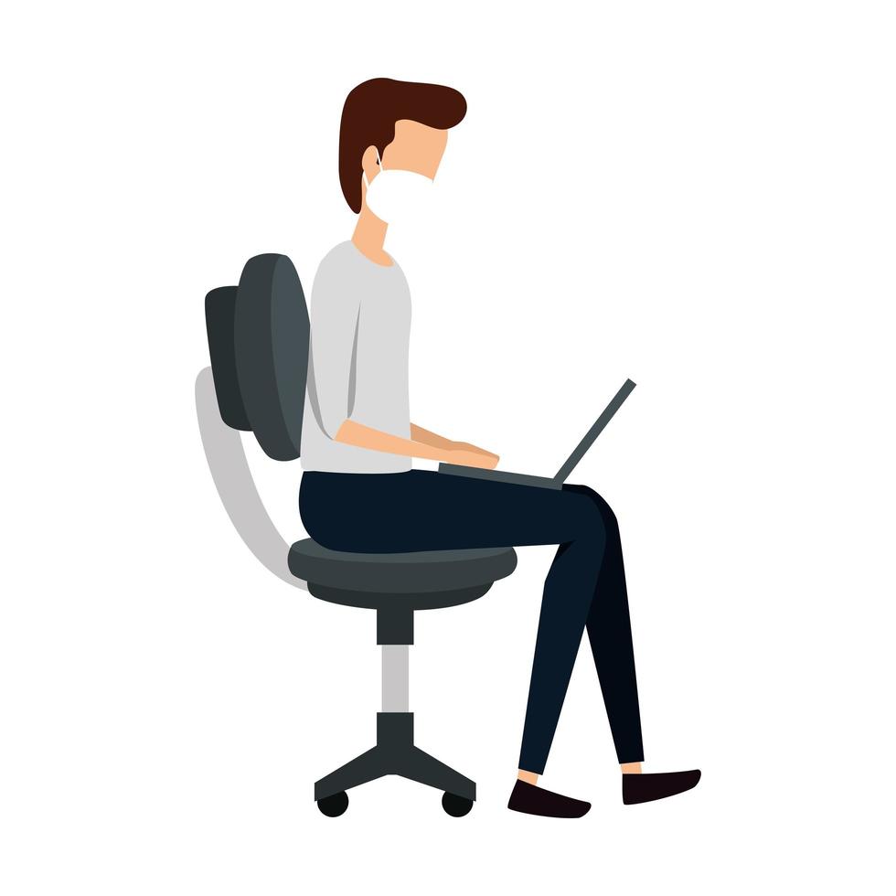 businessman with face mask sitting in chair with laptop vector