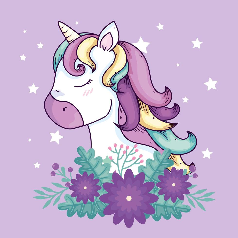 cabeza de unicornio lindo fantasía con decoración de flores vector