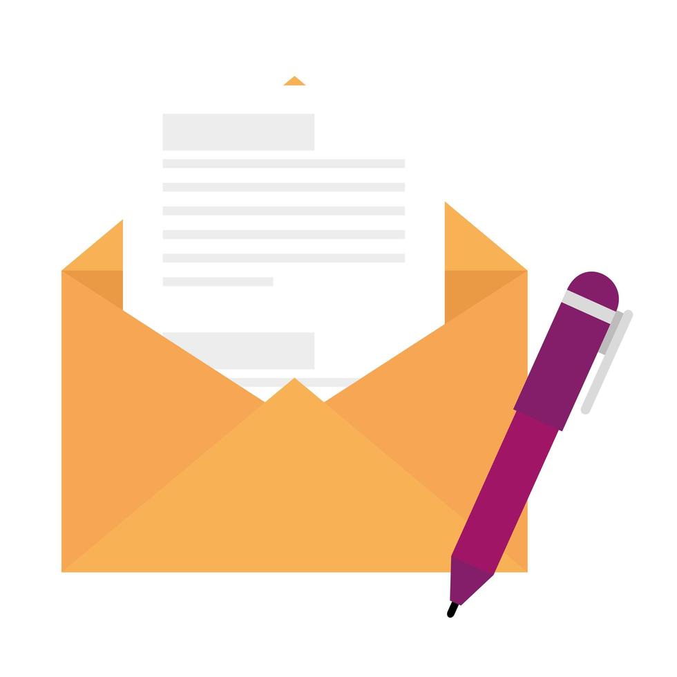 envelope open with paper and pen isolated icon vector