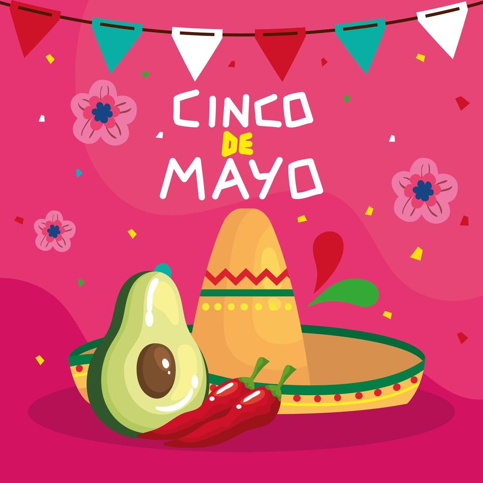 chiles de aguacate mexicano y sombrero de cinco de mayo diseño vectorial vector