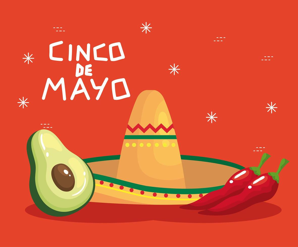 sombrero mexicano, aguacate, y, chiles, de, cinco de mayo, vector, diseño vector