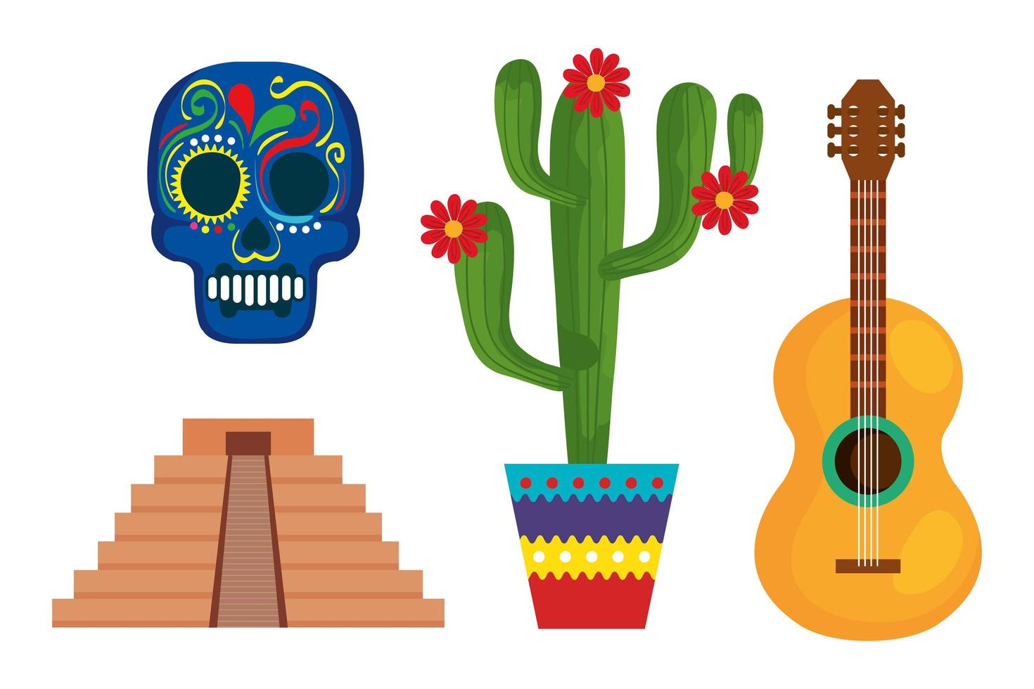 Pirámide de calavera mexicana cactus y diseño vectorial de guitarra vector