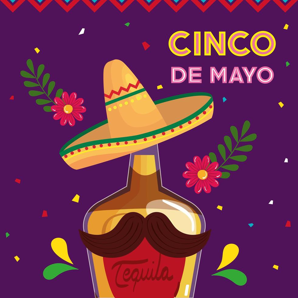 Mexican tequila bottle with hat and mustache of Cinco de mayo vector