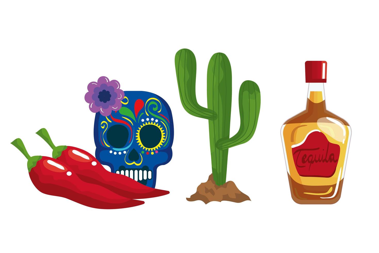Mexican tequila bottle cactus skull and chillis vector design