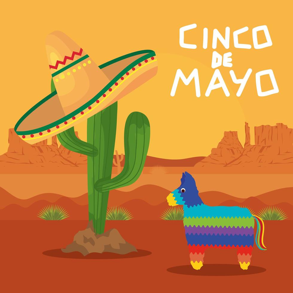 piñata mexicana y cactus con sombrero de cinco de mayo diseño vectorial vector