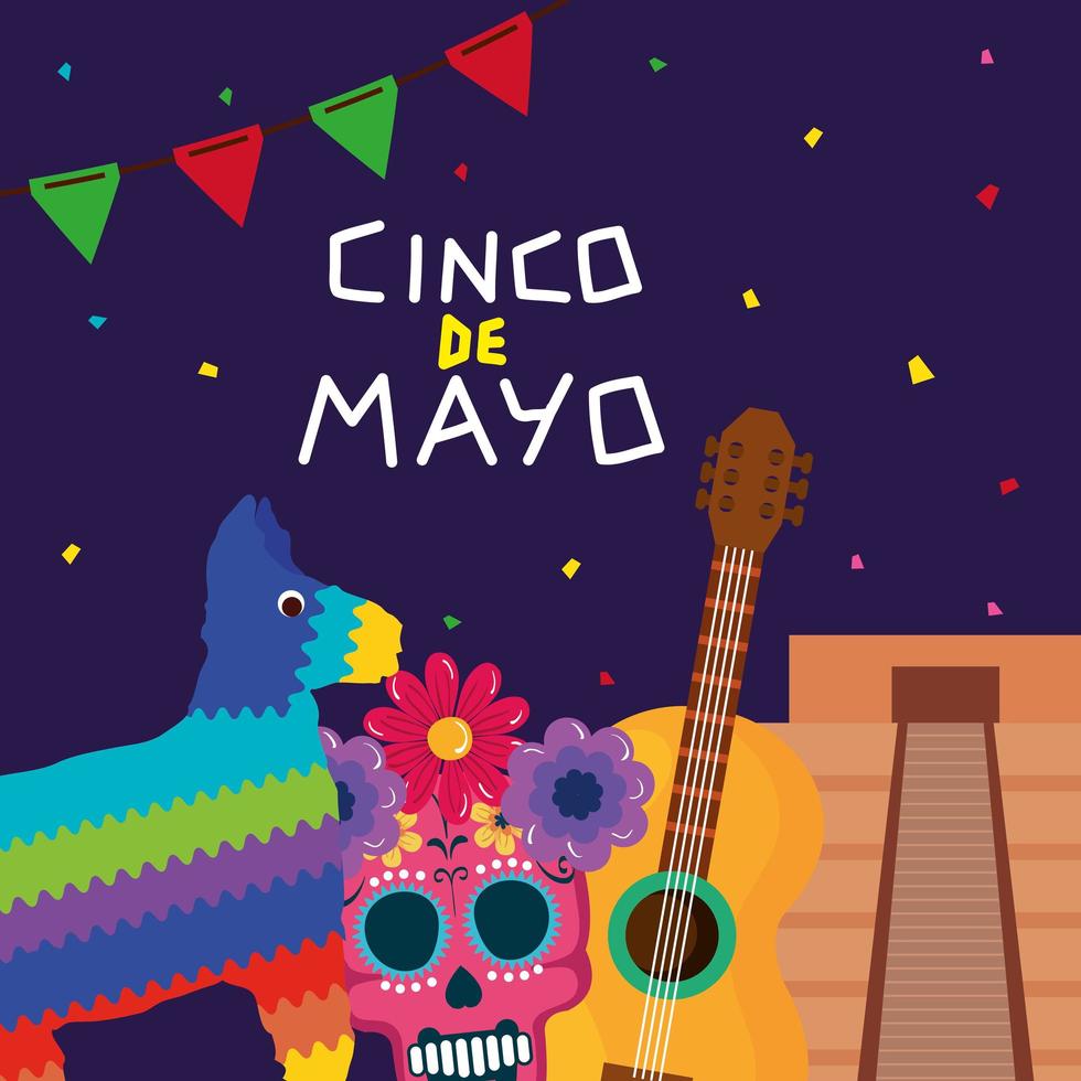 Calavera de piñata mexicana con guitarra de flores y pirámide de cinco de mayo diseño vectorial vector