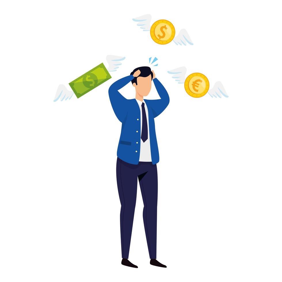 businessman worried with coins and bills vector