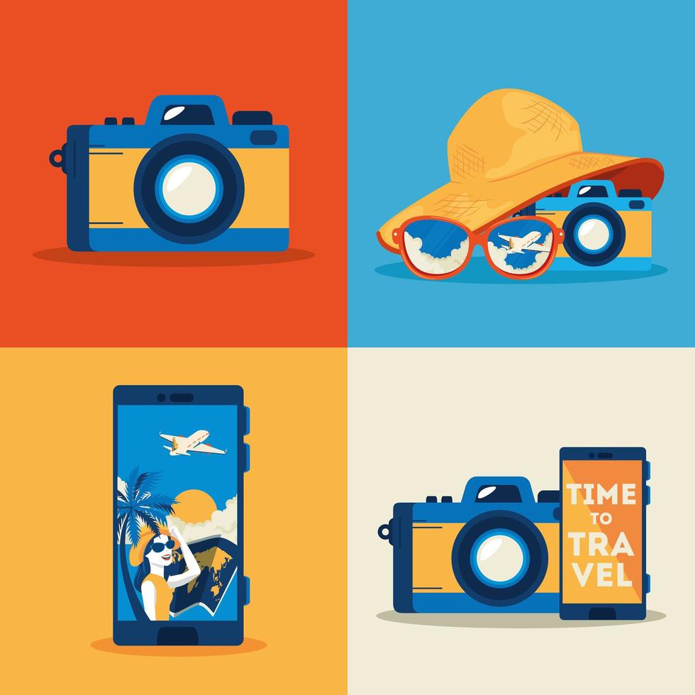 camera photographic with set icons of summer travel vector