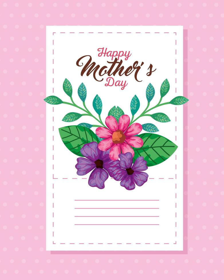 Flores con hojas tarjeta de feliz día de la madre sobre diseño de vector de fondo puntiagudo