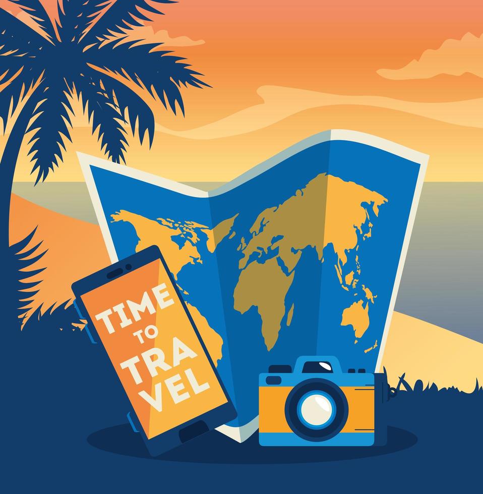 time travel poster with smartphone and summer icons vector