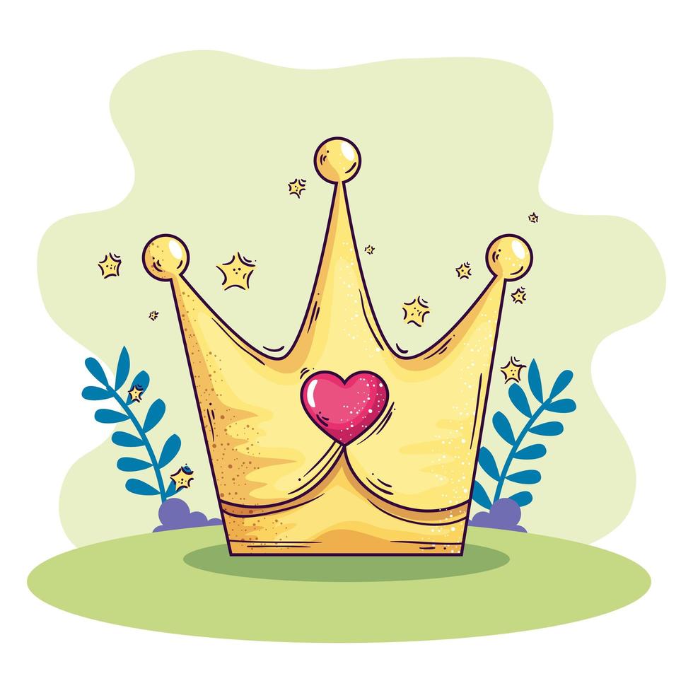 cute crown with heart and stars decoration vector