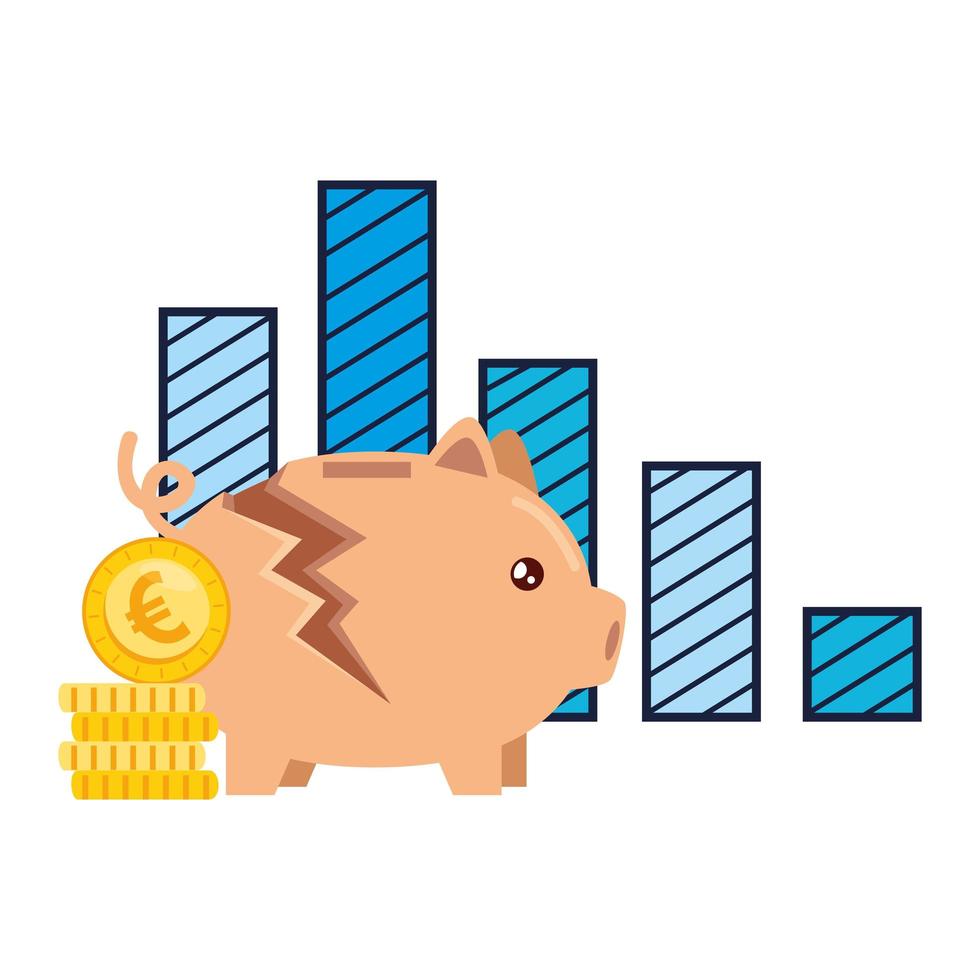 Hucha rota con monedas de euro e infografía vector