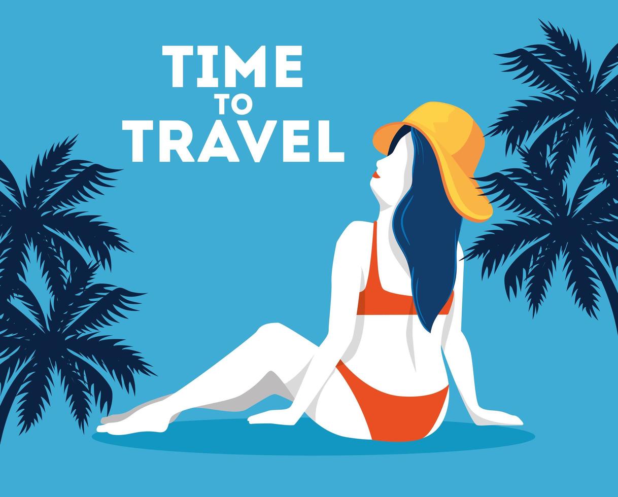 time travel poster with woman and tree palms vector