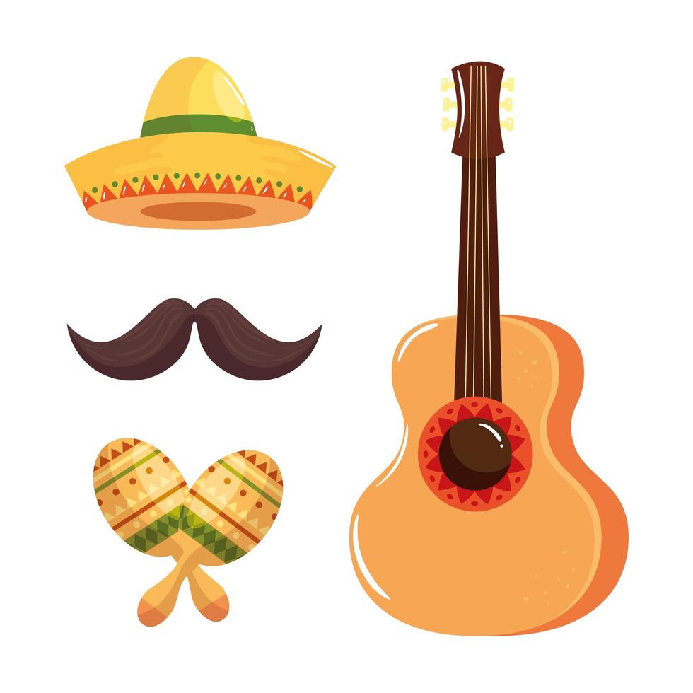 sombrero mexicano, bigote, maracas, y, guitarra, vector, diseño vector