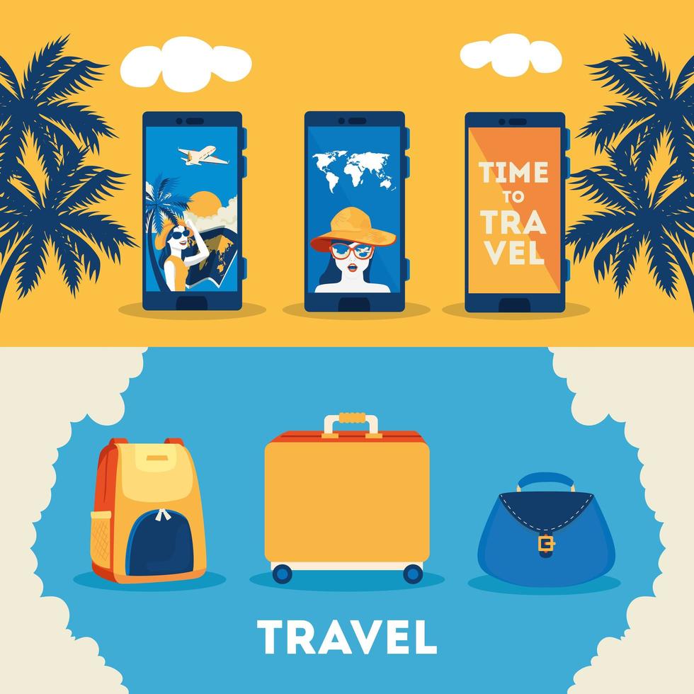 set poster of time travel and summer icons vector