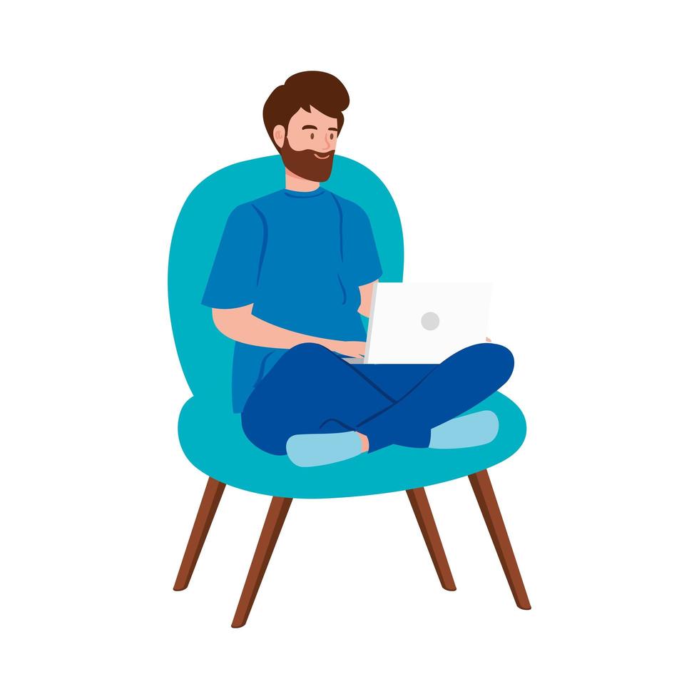 man working in telecommuting with laptop sitting in chair vector