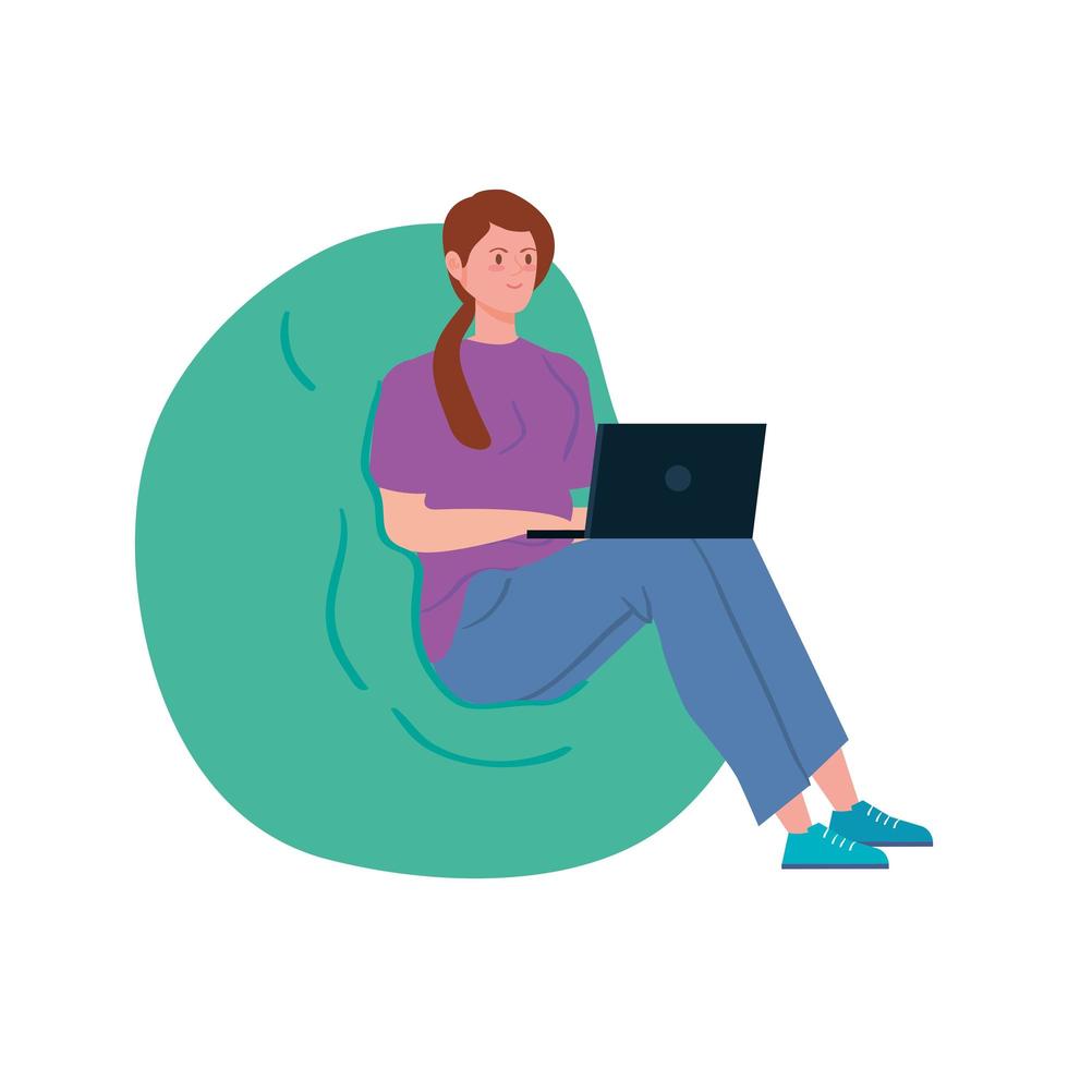 woman working in telecommuting with laptop sitting in pouf soft vector