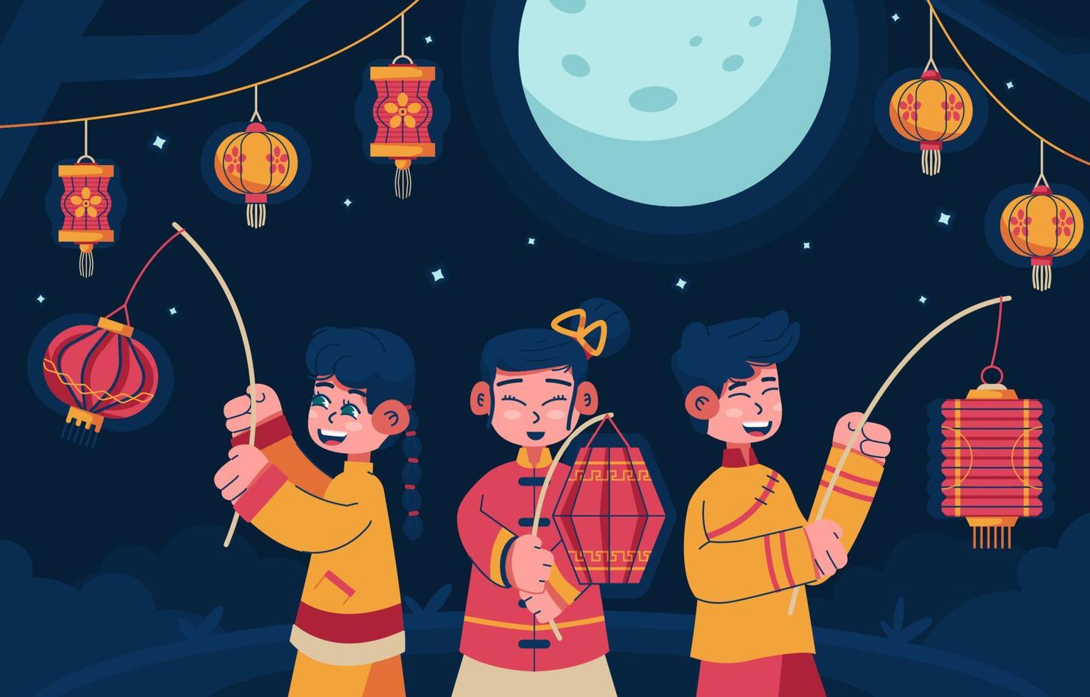 Children Playing with Lanterns at Chinese New Year Night vector