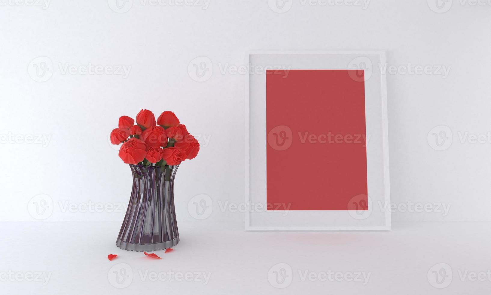 3D rendering of a red blank frame mockup next to a vase of red flowers leaning against a white wall photo
