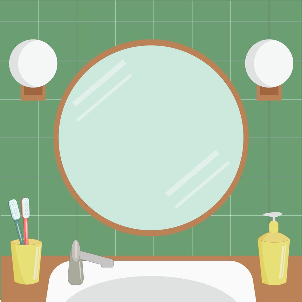 Interior de baño elegante con gran espejo redondo. Baño con paredes verdes y lamparas a ambos lados del espejo. vector