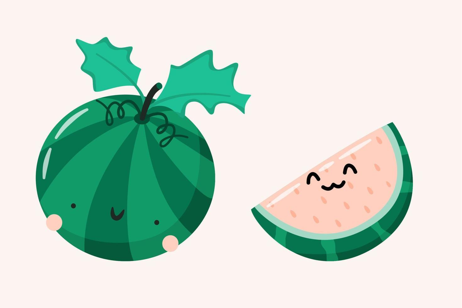 Cartoon watermelon and watermelon slice with funny faces. Tasty summer snack. Flat vector illustration.