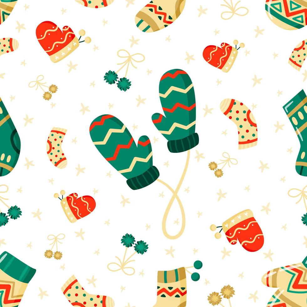 mitones y calcetines de dibujos animados lindo invierno de patrones sin fisuras. divertidos accesorios de invierno. feliz navidad y próspero año nuevo ilustración vectorial plana. vector