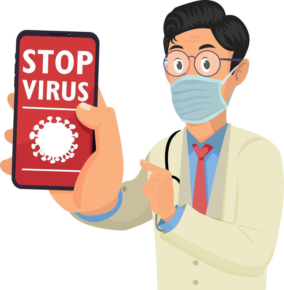 Doctor holding mobile phone and showing screen with words Stop virus. vector