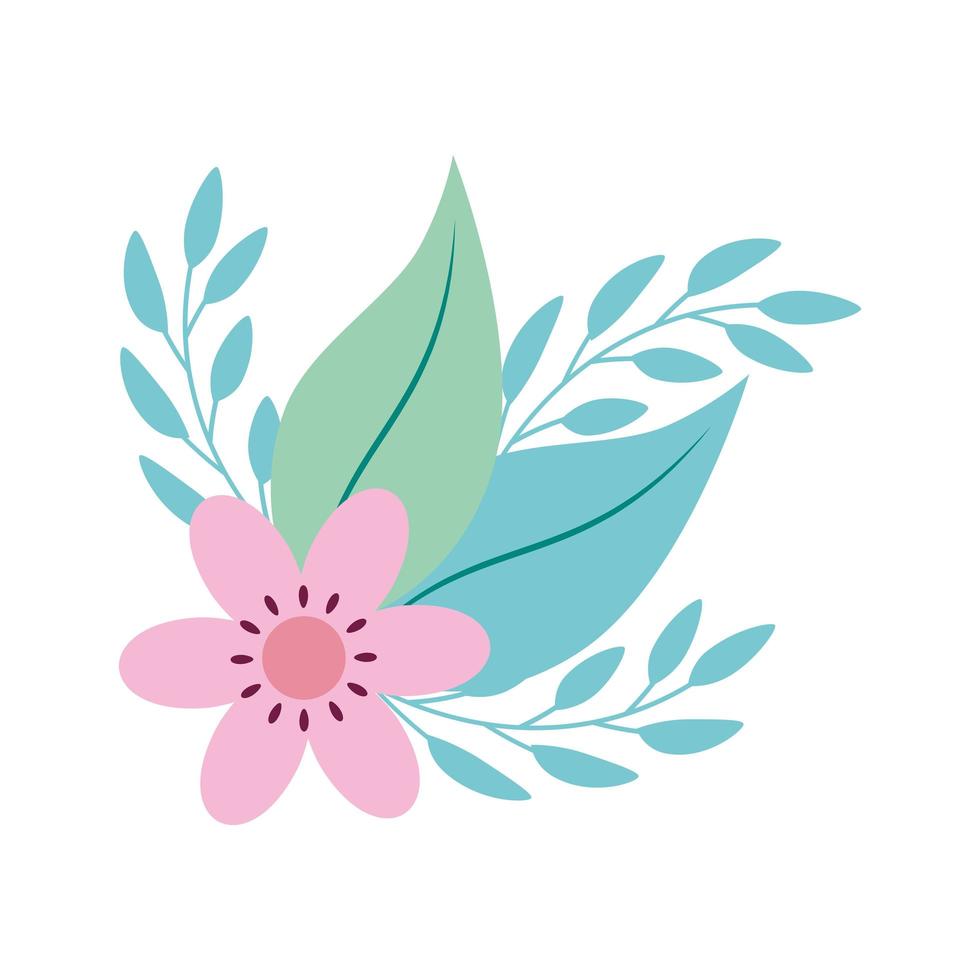 cute flower pink with branches and leafs vector