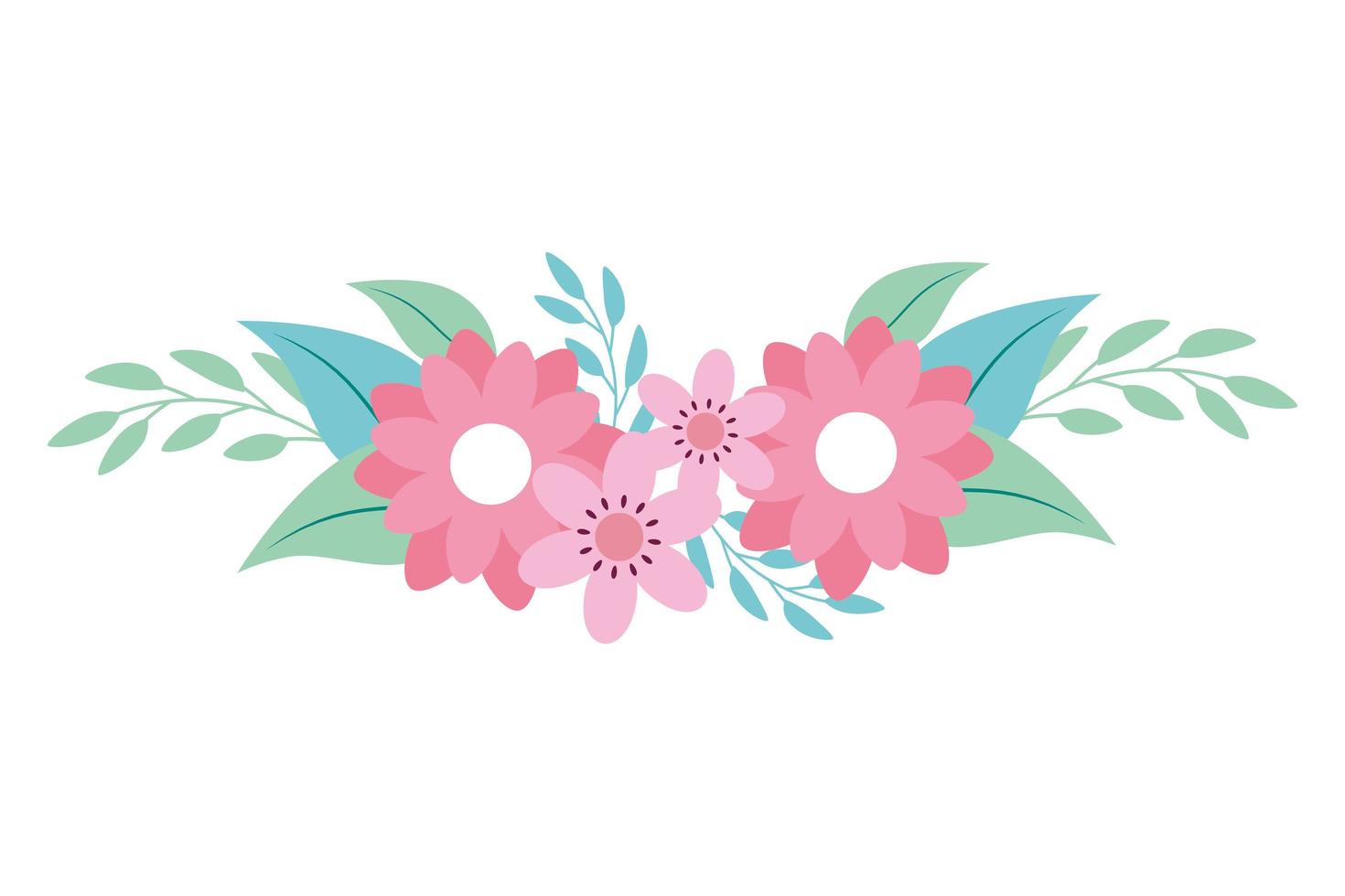 cute flowers pink with branches and leafs vector