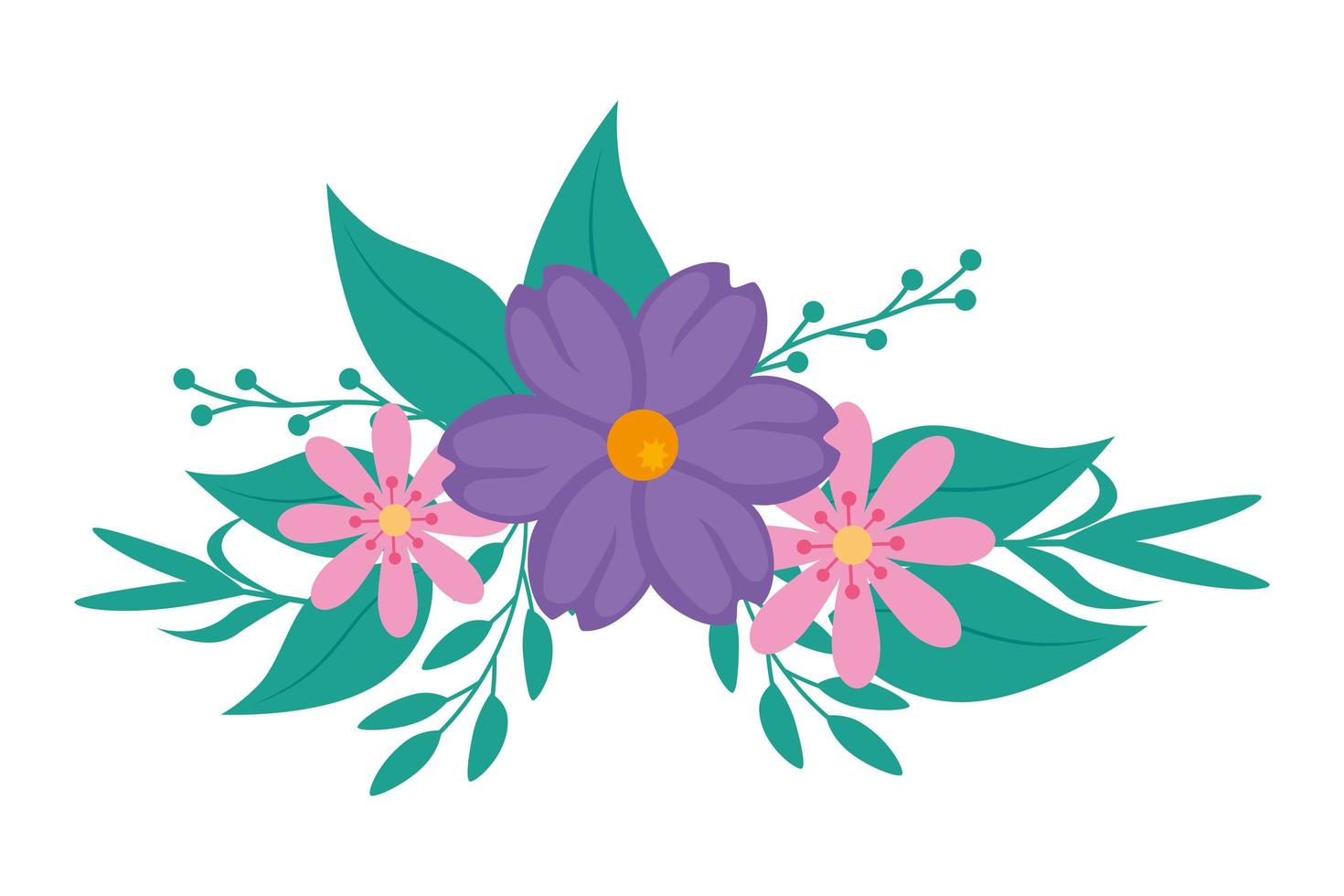 cute flower purple and pink color with branches and leafs vector