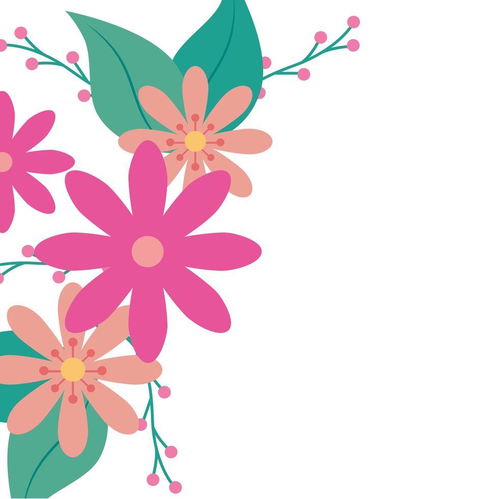 cute flowers pink with branches and leafs vector