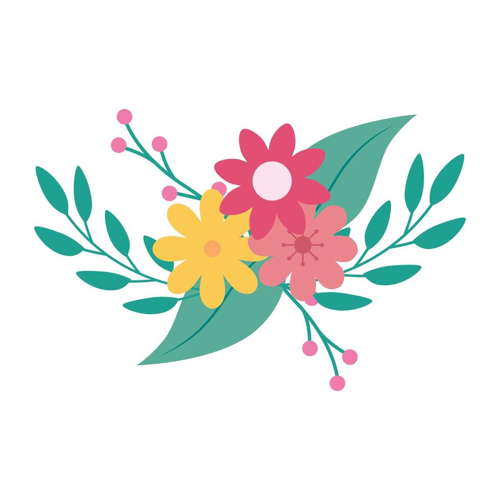 cute flowers with branches and leafs vector