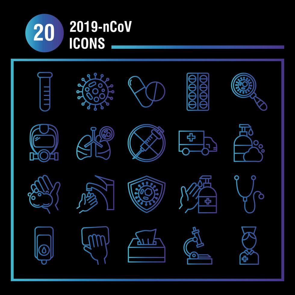 bundle twenty designs of covid 19 , gradient line style icon vector