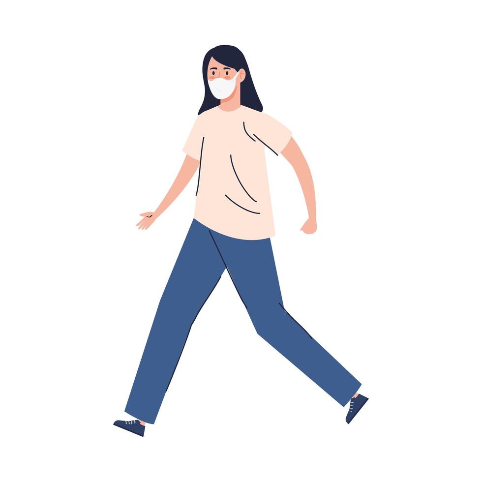 young woman walking with face mask isolated icon vector
