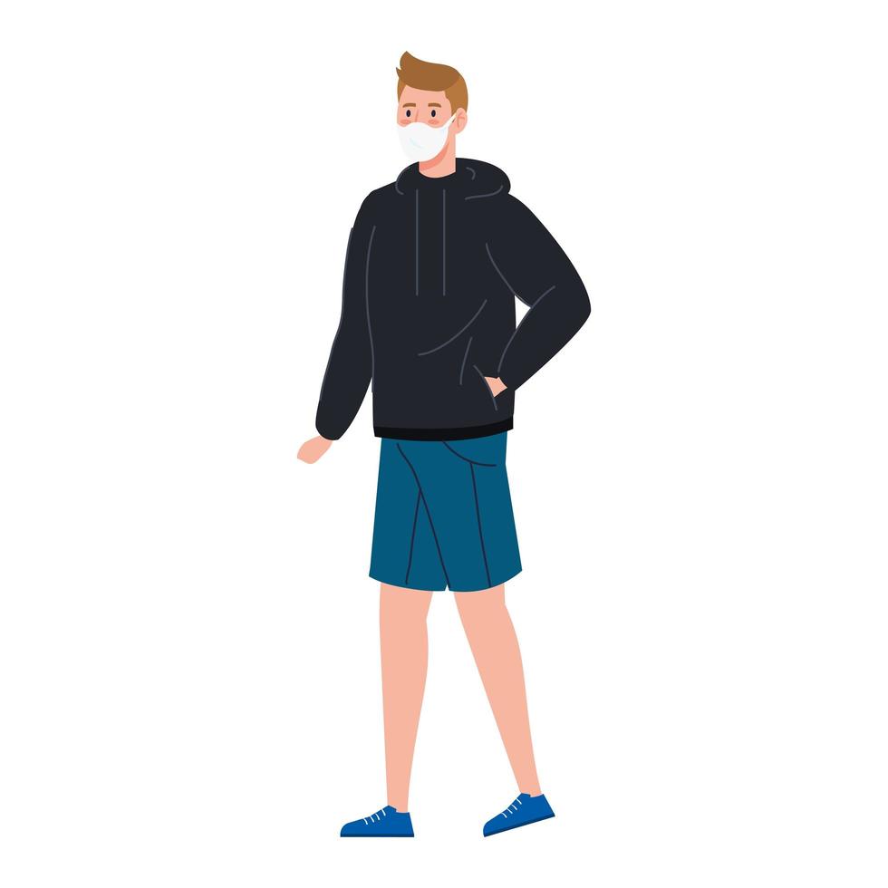 young man walking with face mask isolated icon vector