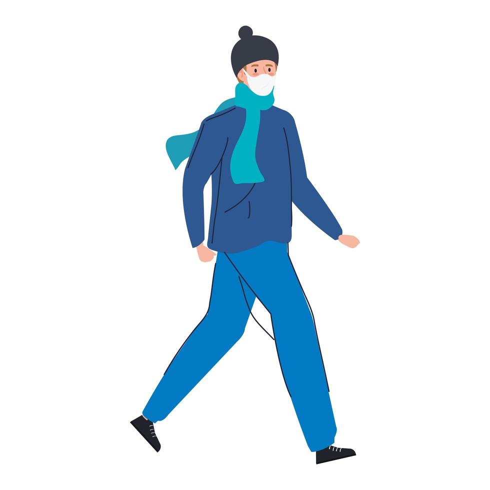 Joven caminando con mascarilla icono aislado vector